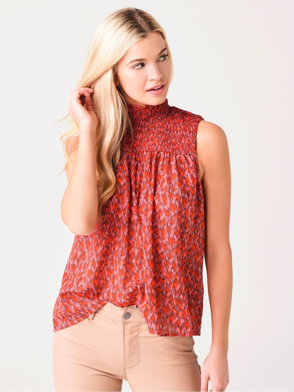 JOIE Mika Sleeveless Cotton Top in Red Pattern High Neck Blouse